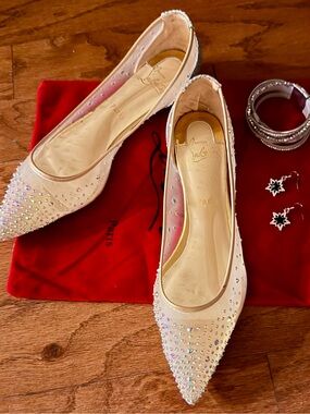Exquisite Nude Crystal Pointed Mesh Flats